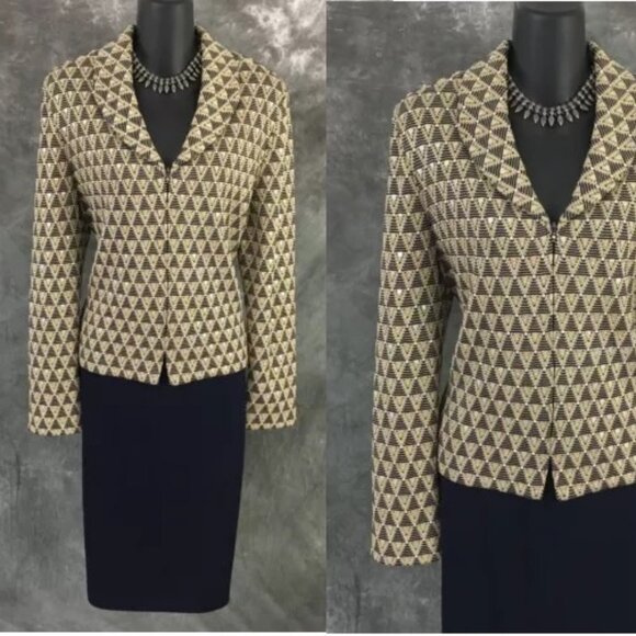 BEAUTIFUL St John evening knit blue gold rhinestones embellished skirt suit 12